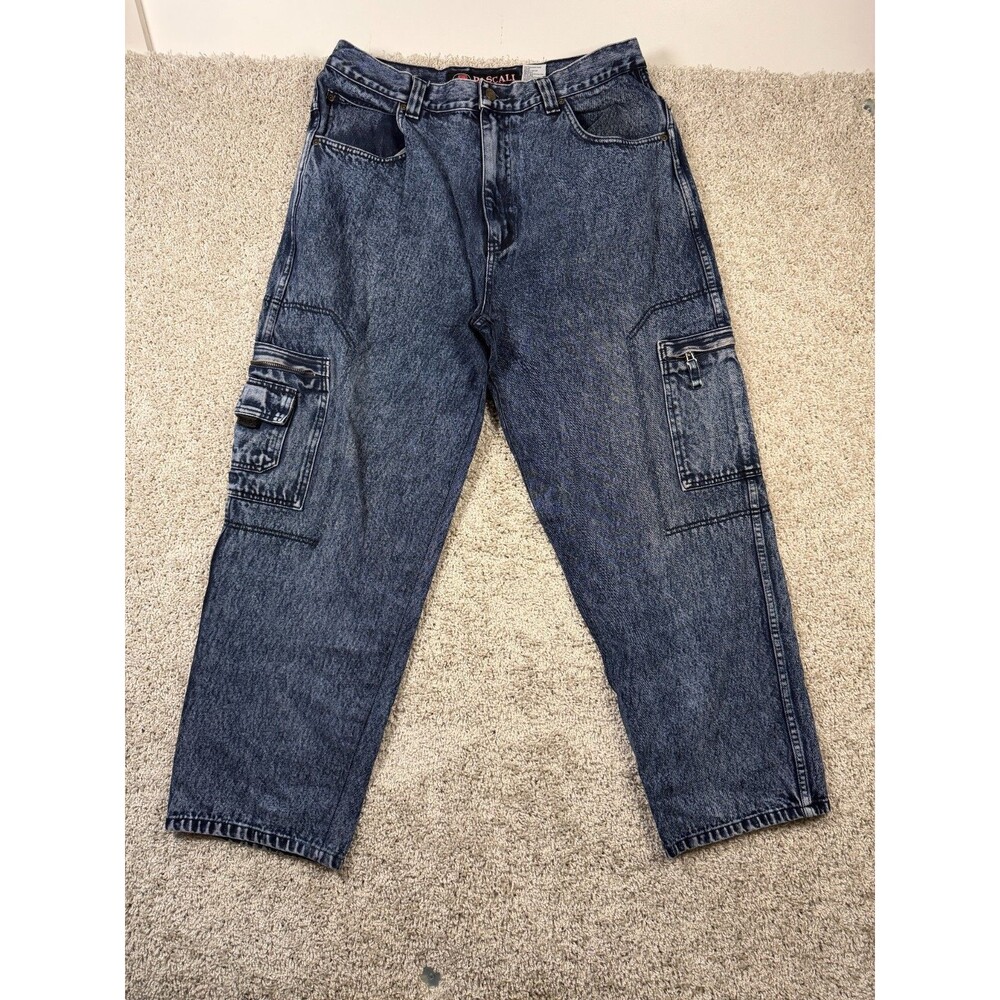 Pascali Mens 38x30 Cargo Jeans Blue Acid Wash Baggy Y2K Utility Denim Pants